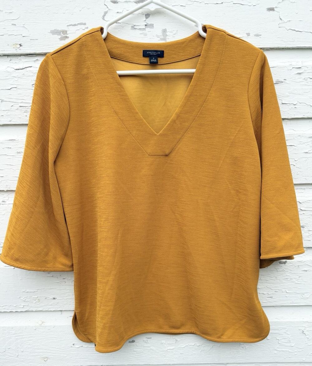 Ann Taylor Blouse Top 3/4 Flare Sleeve V-Neck Mustard Yellow Casual Relaxed